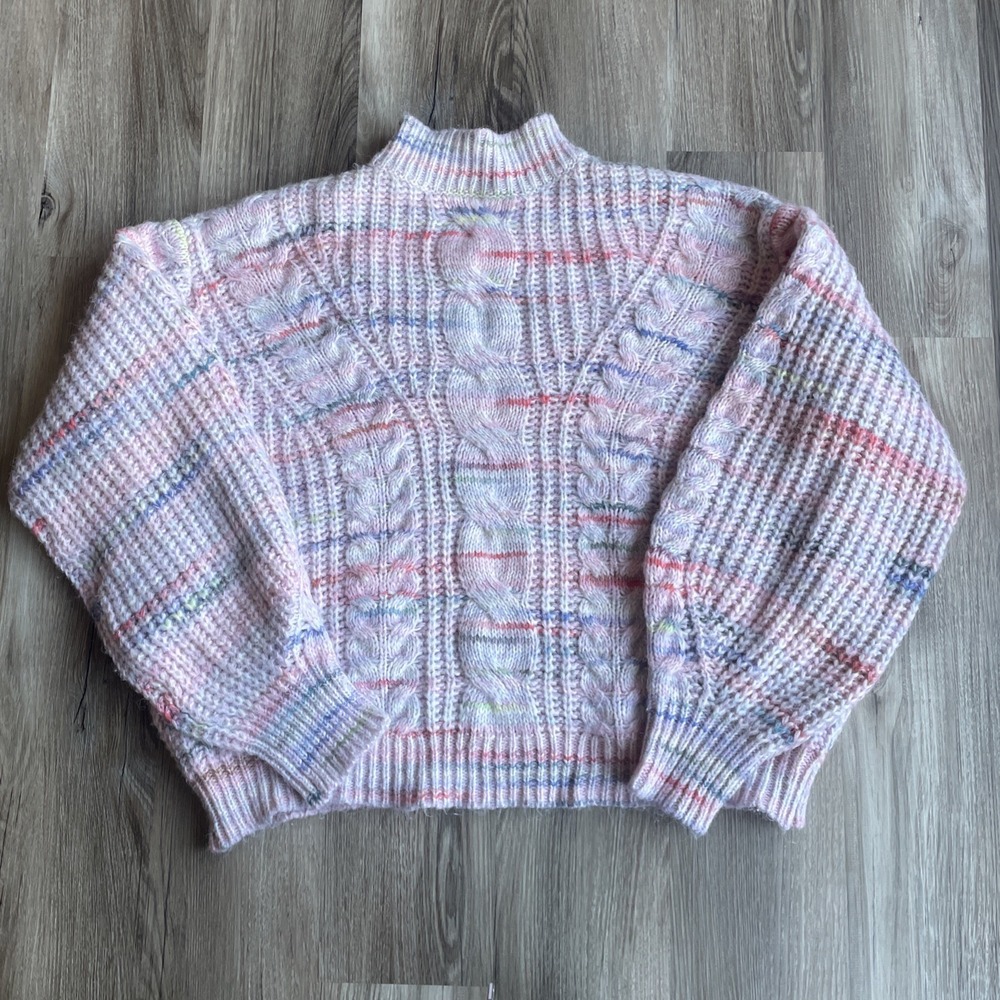 Grace & Karma‎ L Oversize Pink Cable Knit Chunky Turtleneck Sweater ballon